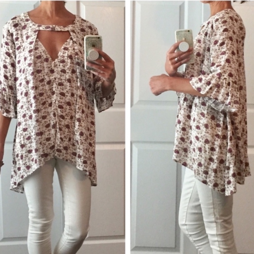 Peasant Tunic Plum Floral Print Top Size Medium